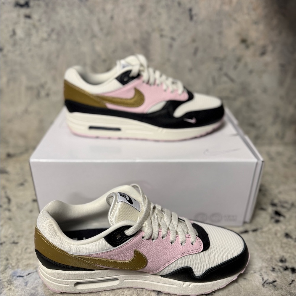 Custom Nike Air Max 1 Women's Sneakers in Pink, Black, and Gold - Picture 2 of 7